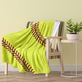 COLLA Softball Blanket, Softball Gift for Girls Youth, Soft Fuzzy Throw Blanket, 50x40 Inch, Green, Baseball Pattern, Unisex, Modern Style, Braid Embellishment