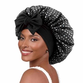 YeeMan Satin Bonnet for Sleeping Women Adjustable Wide Band Hair Bonnet for Sleeping (US, Alpha, One Size, Black)