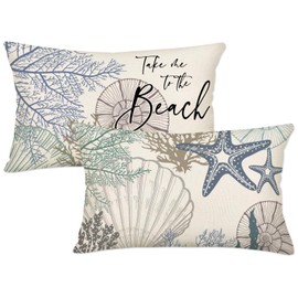 Xihomeli Take Me to The Beach Throw Pillow Covers 12x20 Set of 2 Blue Ocean Themed Decorative Lumbar Pillow Cases Seashell Coral Starfish Nautical Coastal Cushion Case for Sofa Couch