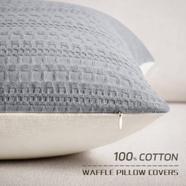 ZeeMart 100% Cotton Waffle Textured Throw Pillow Covers Set of 2, 18x18 Inch Blue Ashes, Soft Farmhouse Decorative Couch Pillow Cases Dusty Blue Cushion Covers for Sofa Bed Living Room Home Decor