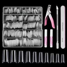 Venares Nail Tips for Gel Nails, 500 Pieces Nail Tips Set with Glue, 10 Sizes Nail Tips for Gel Nails and Glue Nails Files Nail Clippers Cuticle Pusher Artificial Nail Tips Set (Transparent)