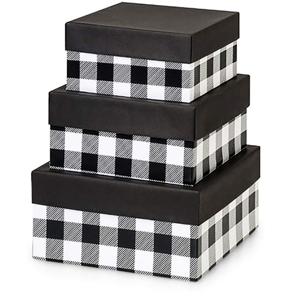 Made in USA Recycled Paper Kraft Boxes – 6.25”, 7.25” & 8.25” – Nested Squared Boxes with Lids (Large Set of 3 - Black Buffalo Plaid)