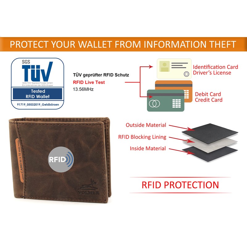 Fa.Volmer® Men's Leather Wallet, Used Look with RFID Protection, Brown