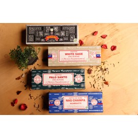 Earth Satya Incense Sticks Set of 4 - Nag Champa, Super Hit, White Sage, Palo Santo 250 GMS (Green Certified)- Hand Rolled Incense Sticks