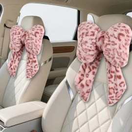 2 Pack Bow Car Headrest Pillows Plush Neck Pillows for Travel Driving Office Chair Head Support Cushions Cute Car Accessoriessize: 13.94 x 11.1 x 1.34 inches, color: Pink leopart
