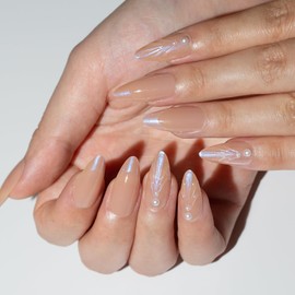 TENPAL Naked Color Press on Nails Almond Full Cover 3D Shell Designs Fake Nails With Glue 24pcs/Box Nude Pink Nails Press ons Ballet Long Stiletto Artificial Nails For Women Girls Daily Wear