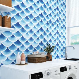Mangoloo Abstract Blue Geometric Wallpaper Peel and Stick Boho Blue Wave Wallpaper Removable Ocean White Contact Paper for Cabinets Drawers Bedroom Laundry Self Adhesive Scallops Wall Mural 17.5"x102"