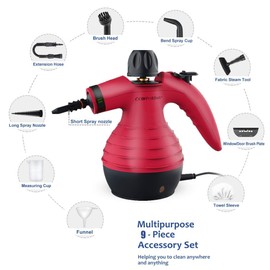 Comforday Handheld Pressurized Steam Cleaner - Multipurpose Steamer with 9-Piece Accessory Kit for Stain Removal, Upholstery, Curtains, Car Seats, Carpets, Floors, and Windows (Red)
