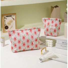 getgto 2 Pcs Makeup Bags, Large Cosmetic Bag Travel Toiletry Bag Organizer for Women, Embroidery Craft, Floral Makeup Bag Small Cosmetic Pouch Purse with Zipper Gifts for Girls Teen