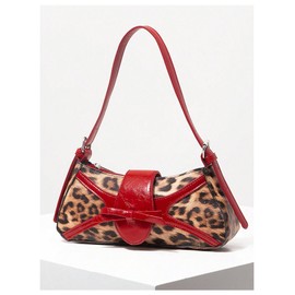 Verdusa Women's PU Leather Shoulder Bag Buckle Top Handle Underarm Bag Bow Vintage Handbags Leopard Print One Size