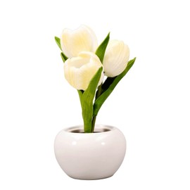 Tulip Night Light Soft Light Exquisite Ceramics PU Flower Table Lamp for Bookstores Cafes Battery Powered Ceramic Base White