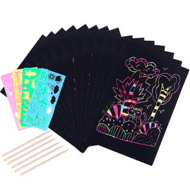 VEGCOO Pack of 60 Scratch Pictures for Children, Rainbow Scratch Paper, Scratch Drawing Paper, Magic Scratch, for Autumn Crafts, with 4 Stencils, 6 Wooden Pens