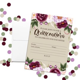 Amanda Creation Watercolor Burgundy Peony Quinceanera Invitations, 20 5x7 Fill In Cards with Twenty White Envelopes