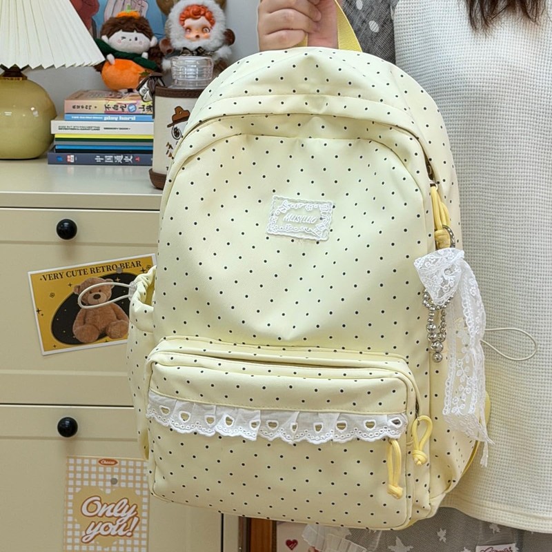 Polka Dot Backpack, Y2K Lace Aesthetic Canvas Daypack with Bow