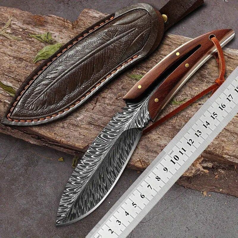 Feather Damascus Blade with Leather Sheath Vegetable Cutter Stainless Steel