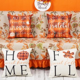 ONWAY Fall Home Sweet Pillow Covers Orange Black Buffalo Check Plaid Pumpkin Throw Pillow Cover Autumn Maple Thanksgiving Farmhouse Decorative Pillowcase for Couch Sofa Car,18x18 Inches Set of 4