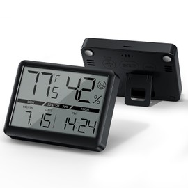 Deeyaple Room Thermometer Indoor, New Upgrade Battery Powered Digital Magnetic Clock Humidity Meter High Accuracy Temp(℉/℃) Date 12/24H Display LCD Large Number Indoor Outdoor Travel Black