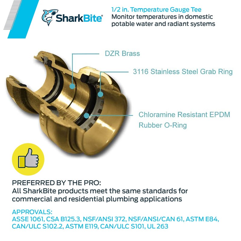 SharkBite 1/2 Inch Temperature Gauge Tee, Push to Connect Brass