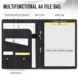 Faux Leather Conference Folder, Portfolio Folder - A4 Faux Leather Business Document Organizer with A4 Writing Pad, Document Bag, pencil clip,Business Card Holders for Business School (deep black)