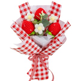 Crochet Flowers Bouquet with Cute Crochet Strawberry for Valentine Decorations, Anniversary Gift, New Year Gift, Gift for Women (Strawberry)