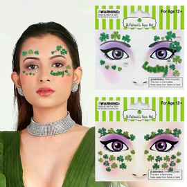 St.Patrick's Day Face Stickers Shamrock Eye Body Face Jewel Gems Stickers Glitter Sparkling Green Shamrock Temporary Tattoo for Adult Makeup Birthday Festive Party Parade Decoration Supplies 2Pcs