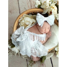 Lgvhydh Newborn Photography Outfits Girl Baby Photography Props Lace Romper With headband Baby Photo Shoot Outfits Girls Photo Props (White)