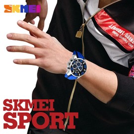SKMEI Men Watches Silicone Band Young Waterproof Sports Fashion Casual Large Big Face Chronograph Luxury Luminous Analog Quartz Blue Wrist Watch Gifts