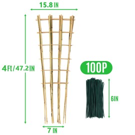 SWANGSA 6 Pack 4Ft Bamboo Trellis for Climbing Plants, Fan-Shaped Garden Ladder Trellis with 100pcs Twist Ties for Outdoor and Indoor Plant Support, Potted Plants, Cucumber, Tomato, Vine