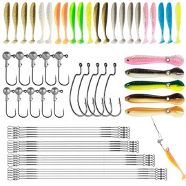 Realure 62 Pcs/2 Types Fishing Soft Plastic Lures Set with Tube Jig Heads & Offset Fishing Hooks & Wire Traces 100mm/70mm Bionic Loach Lure Paddle T-Tail Swimbaits for Bass Pike Trout