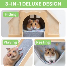 LUCKYBOPAN Guinea Pig Hideout- Wooden Guinea Pig Toys with Stairs and Mat & Hammock, Detachable Double-Decker House for Hamster Chinchilla Ferret Guinea Pigs Accessories
