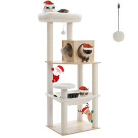 PETEPELA Wood Cat Tree for Indoor Cats Multi-Level Tower with Sisal Covered Scratching Posts, Cozy Condo, Super Large Hammock and Plush Perches Faux Rabbit Milk Fur Beige Rabbit Fur Wood Beige