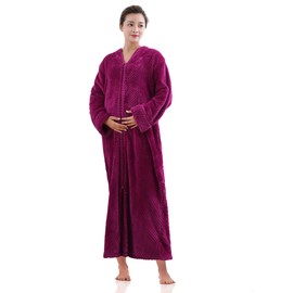 Artfasion Womens Fleece Robe Plush Long Zip Front Bathrobe with Pockets Warm Soft Zippered Bathrobes for Women
