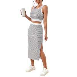 GORGLITTER Women's Skirt Sets 2 Piece Outfits Striped Skirt and Top Set Summer Beach Vacation Outfits Black and White Small