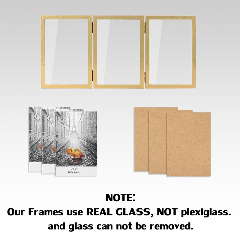 3 Picture Frame 4x6 Golden Triple Hinged MDF Wood with