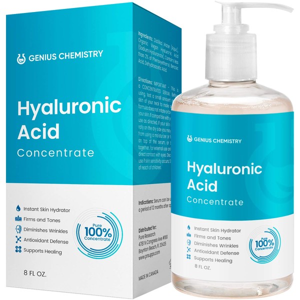 8OZ Hyaluronic Acid Serum by GENIUS, Pure Organic HA, Anti Aging, Anti Wrinkle, The Smart Face Moisturizer for Dry Skin and Fine Lines, Leaves Skin Full and Plump, Pump Bottle by Genius Chemistry