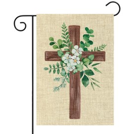 WATINC Spring Summer Eucalyptus Christian Cross Linen Garden Flag, Eucalyptus Leaf Flora Farmhouse Yard Decoration, Easter Patio Lawn Flag 12 x 18 Inch Double-Sided Outdoor Hanging Decor Supplies