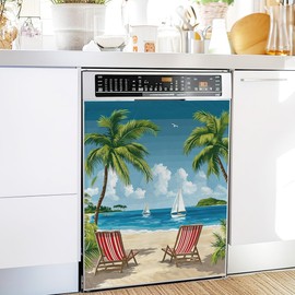 Tropical Beach Dishwasher Magnet Cover,Hawaii Palm Tree Kitchen Decor Waterproof Refrigerator Magnet Sticker Appliance Cover Protector,23Wx26H Inches