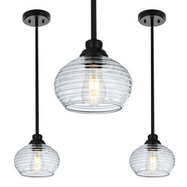 MELUCEE 3 Pack Pendant Lights Kitchen Island with Clear Water Ripple Glass, Modern Mini Chandeliers 1-Light Hanging Ceiling Light for Dining Room Bedroom Hallway, Adjustable Height