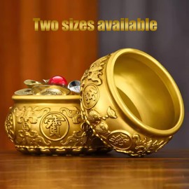 WAYUTO Brass Treasure Bowl Set with Base 5Pcs Copper Coins Citrine Lucky Ball 2Pcs Gold Ingots and 2Pcs Silver Ingots Chinese Feng Shui Decoration for Business Prosperity Fortune 3.15"