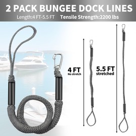 NIUTRIP Bungee Dock Line with Stainless Steel Clip – Boat Dock Rope with Foam Float for Kayak, Canoe, Pontoon, Watercraft, SeaDoo, Docking – 4–5.5 ft, 2 Pack（Grey）