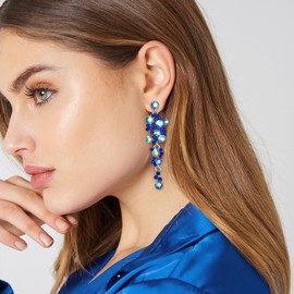 Flyonce Women's Crystal Wedding Bohemian Boho Floral Chandelier Long Dangle Earrings Navy Blue Silver-Tone
