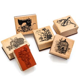 6PCS Wood Rubber Stamp Set, Multipurpose Vintage Rubber Seal, Art Stamps for Scrapbook, DIY Card Making, Bullet Journals and Arts & Craft