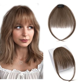 S-noilite Clip in Bangs Human Hair Extensions Fake Wispy Bangs Clip on Bangs Real Human Hair Bangs Hairpieces Medium Brown Air Bangs for Women Daily Wear (Medium Brown)