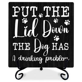 Dog Lovers Wooden Plaque - Put The Lid Down The Dog Has Drinking Problem - Funny Bathroom Toilet Sign, Rustic Farmhouse Home Office Guest Room Bathroom Decor Shelf Decor(5 X 5 Inches) - A16