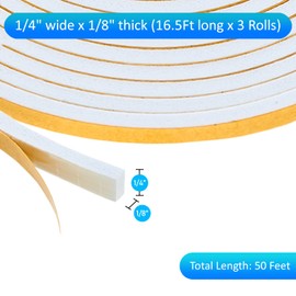 High Density Foam Weather Stripping Door Seal Strip Insulation Tape Roll for Insulating Door Frame, Window, Air Conditioner | Self Adhesive Sealing Weatherstrip (White, 1/4 in 1/8 in 50 Ft)