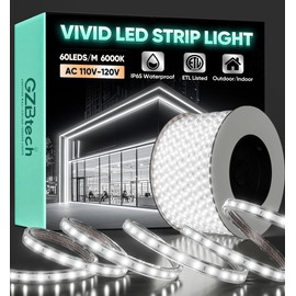 GZBtech AC 110-120V LED Strip Lighting 100FT/30M, 6000K Cool White IP65 Waterproof Outdoor Strip Lights, 60LEDs/M SMD2835 Cuttable & Connectable LED Rope Light for Indoor Bedroom Outside Exterior