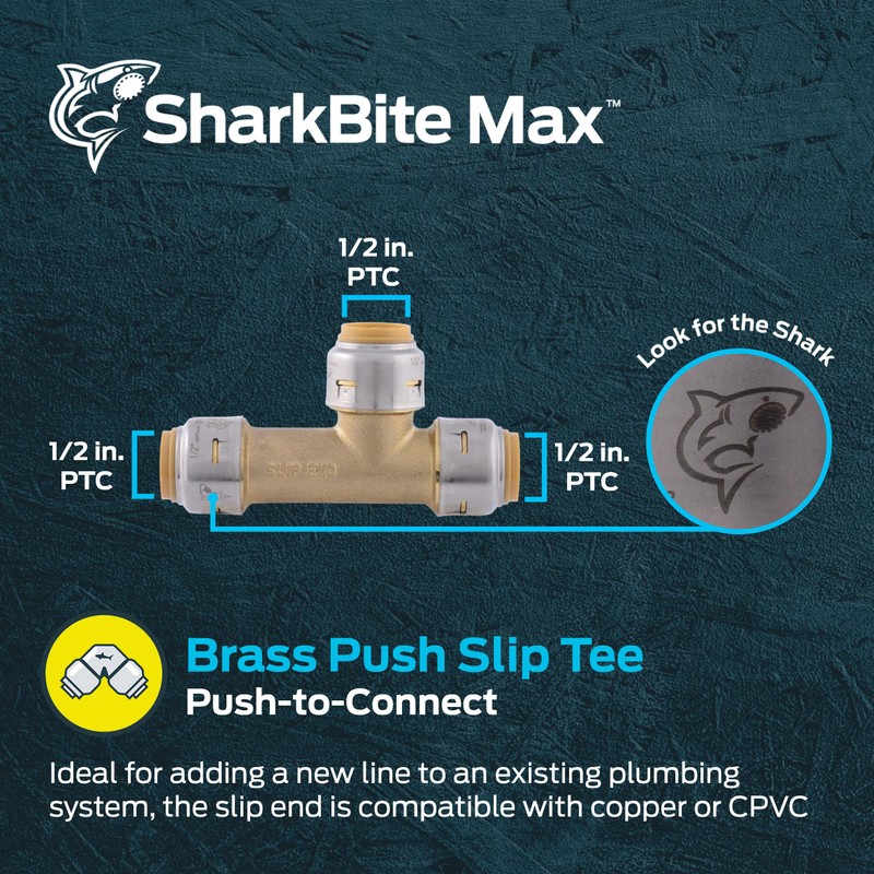SharkBite Max 1/2 Inch Slip Tee, Push to Connect Brass