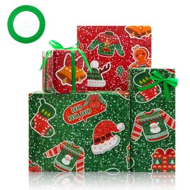 Green and Red Christmas Wrapping Paper with Ribbon,4 Sheets Ugly Christmas Sweater Pattern Gift Wrapping Paper Xmas Santa Hat Gingerbread Man Wool Socks Pattern for Christmas Gift Wrap,20 x 27 Inch