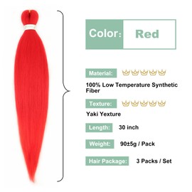 Red Braiding Hair Pre stretched 30 Inch 3 Packs Kanekalon Pre-stretched Braiding Hair EZ Braid Hot Water Setting Soft Yaki Texture Synthetic Hair Extensions for Crochet Box Braids