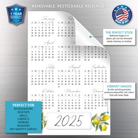 Annual Year-At-A-Glance Calendar Sticker Decal | Removable and Repositionable (Lemon Fresh 2025, 6 x 9 inches)